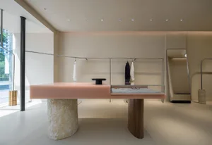 Modern retail store interior featuring glass display cases and minimalist design elements.