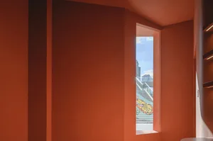 A window in a modern art gallery with colorful glass panels.