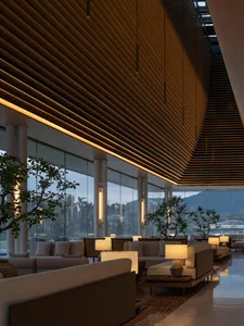 A modern hotel lobby with wooden paneling and glass walls, featuring comfortable seating arrangements and natural lighting.