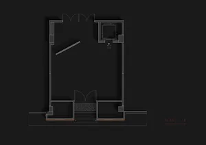 2D architectural drawing of a modern floor plan with black background