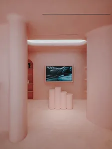 Modern interior space featuring pink architectural columns and a circular light fixture.