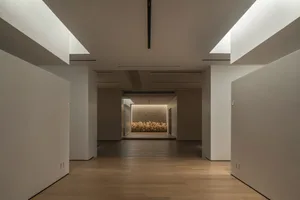 A modern minimalist interior featuring wooden walls and parquet flooring.