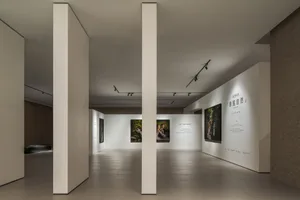Modern art gallery with white walls displaying photographs in minimalist white frame.