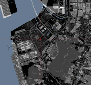 一張詳細的城市景觀地圖，呈現街道、建築與水道。