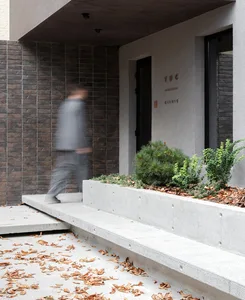A modern entrance featuring a concrete path with fallen leaves and a greenery area.