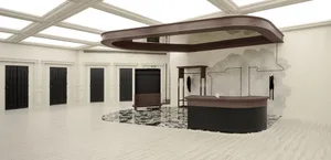 Modern retail store with wooden elements on ceiling and counter
