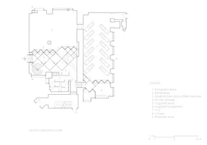 An overhead view of a gym facility's layout with various designated areas such as reception, retail, yoga, lockers, and equip