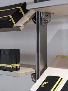 Industrial-style metal shelves with adjustable levels and measurement tape