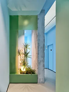 A minimalist interior design featuring a glass window with greenery inside a hallway.