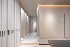 Minimalist interior space featuring concrete materials and industrial design elements