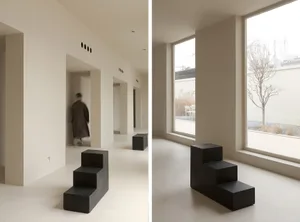 Minimalist residential interior with concrete elements, large windows, and a stark, clean design.