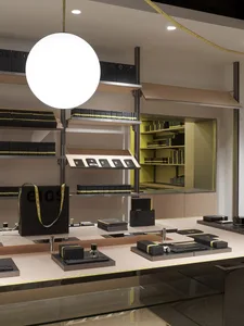 Modern storefront display featuring wooden shelves and metallic accents.