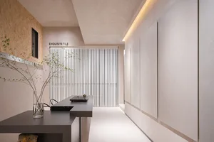 Modern retail shop displaying concrete, wood, and glass elements.