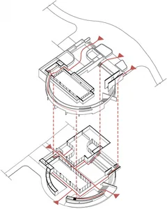 A technical architectural rendering depicting a 3D floor plan of a building with various structural components and pathways.
