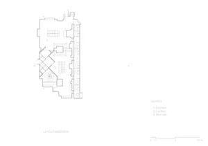 A detailed, 2D architectural floor plan diagram of a basement layout featuring a corridor, lockers, and showers.