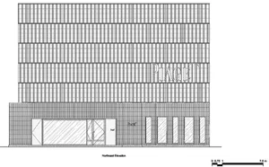 A section drawing of a building exterior featuring a combination of metallic, soapstone, and natural stone materials.