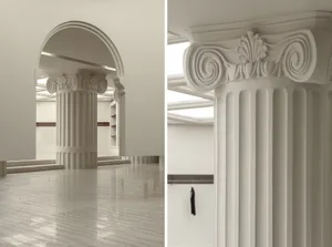 Modern interior design featuring white marble columns with intricate carvings against a minimalist backdrop.