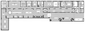 灰階建築平面圖，呈現建築物整體配置