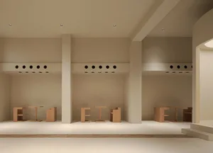 Modern retail storefront with wooden furniture and design elements