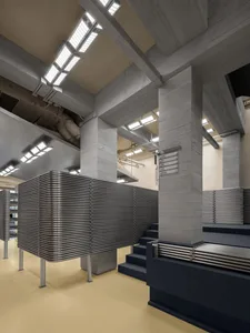 Modern industrial-style interior featuring metallic elements.
