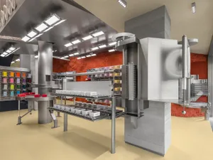 An industrial retail space with metallic features and organized product displays.