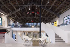 Industrial storefront with a steel frame and glass windows