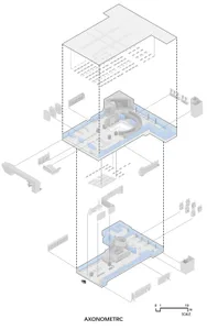 Modern architectural floor plan featuring a library interior with concrete walls and floors.