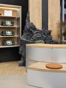 Modern retail storefront featuring a concrete rock structure