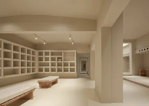 A minimalist bedroom with neutral-tones, including white walls and wooden furniture.