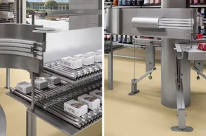 Automated conveyor system transporting white boxes in a manufacturing facility