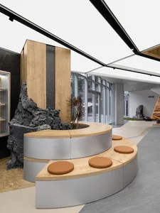 A modern retail storefront with wooden fixtures and metal accents.