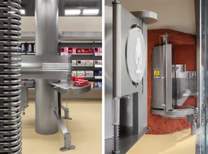A metal pipe setup in a retail store interior.