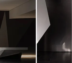 A minimalist interior design with concrete materials and geometric shapes.