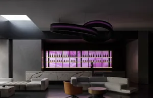 Modern retail bar interior with marble and concrete finishes.