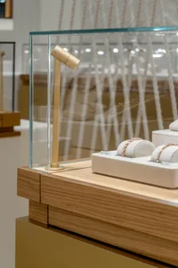 A modern retail jewelry display featuring a glass cube with a adjustable light and multiple rings displayed.