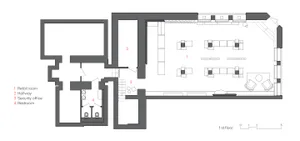 Retail store with concrete and glass materials, showing retail room, hallway, security office, and restroom.