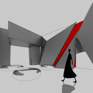 A modern architectural space with metallic elements and geometric shapes.