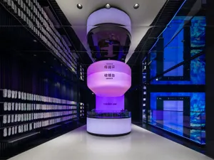 An illuminated cashier desk in a modern retail space