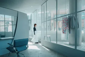 現代零售店面採用極簡工業設計，以混凝土材質與大型玻璃窗為特色。