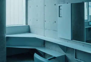 A modern industrial office space with concrete walls and minimalist design.