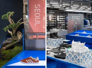A modern shoe display featuring black and blue accents with metal and plastic materials.