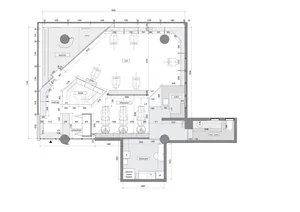 沙龍空間的詳細建築平面圖，包含接待區、試穿區、服飾區、剪髮區等多個功能分區