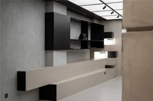 A minimalist office space with wooden shelves, modern design elements, and clean lines.