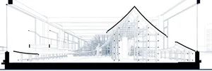 Cross-sectional architectural drawing showcasing an interior space.