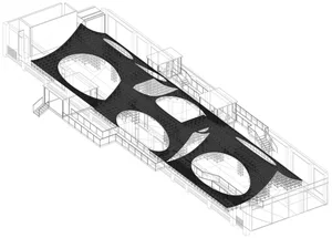 A modern architectural floor plan featuring a concrete material with circular cutouts.