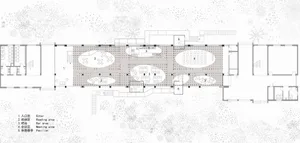 A detailed architectural blueprint of an office space, showing various functional zones such as meeting areas, lounge, and re