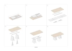 Assembly instructions for a prefabricated table, showing various components and steps.