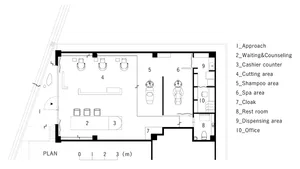 A detailed 2D technical drawing of a barber shop layout, including various functional zones such as waiting and counseling, c
