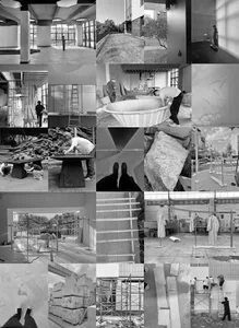Construction progress of an interior design project with various materials and tools visible.