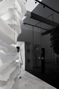 Minimalist white space interior with concrete accents